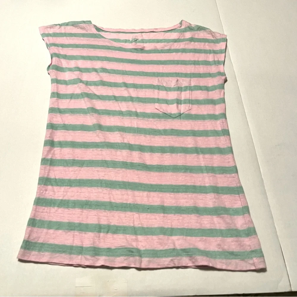 J. Crew Pink Green‎ Stripe 100% Linen Cap Sleeve Pocket Shirt Top Size XS *FLAW*